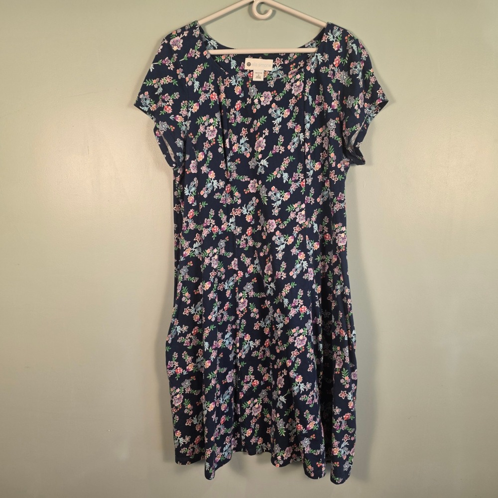 Ella Simone Navy Blue Floral Cotton T-Shirt Dress with Pockets Plus Size 1X‎